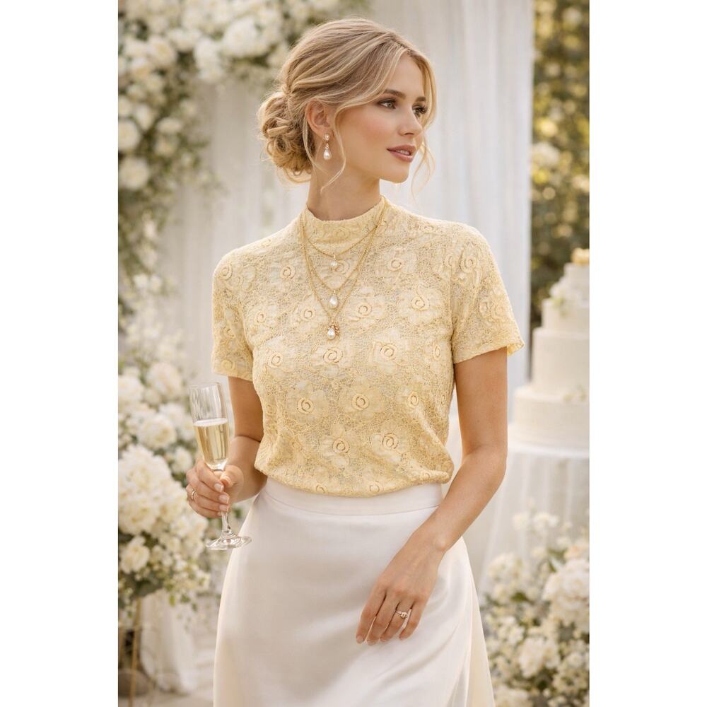 Vtg Floral Sheer Stretch Lace‎ Mock Neck Layering Top Bridal Festival Coquette